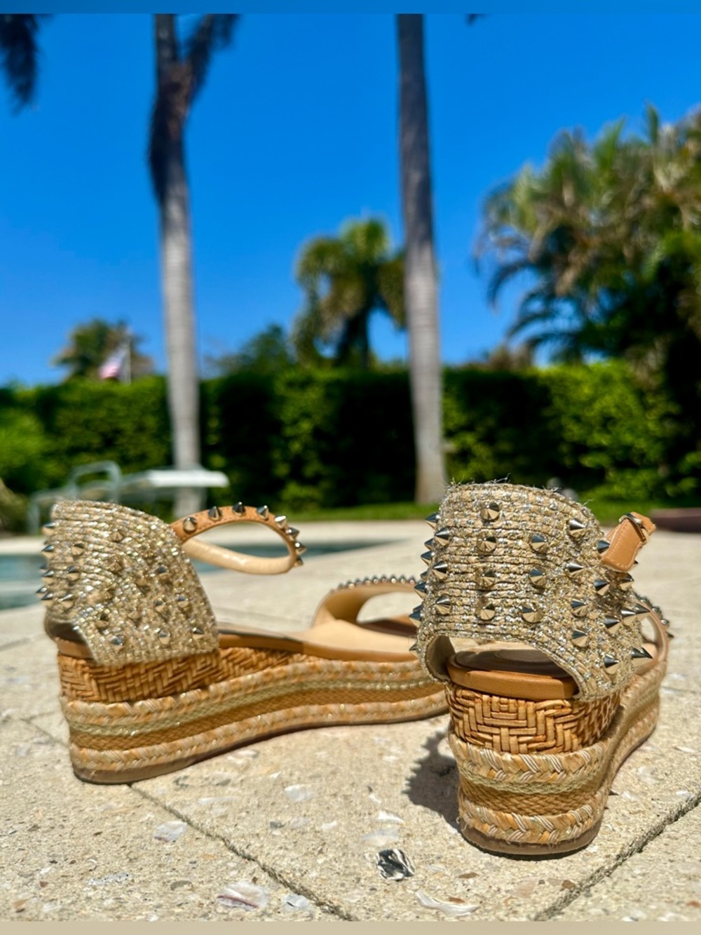 Christian Louboutin Tan Studded Espadrille Wedge Sandals 39 - Picture 5 of 11
